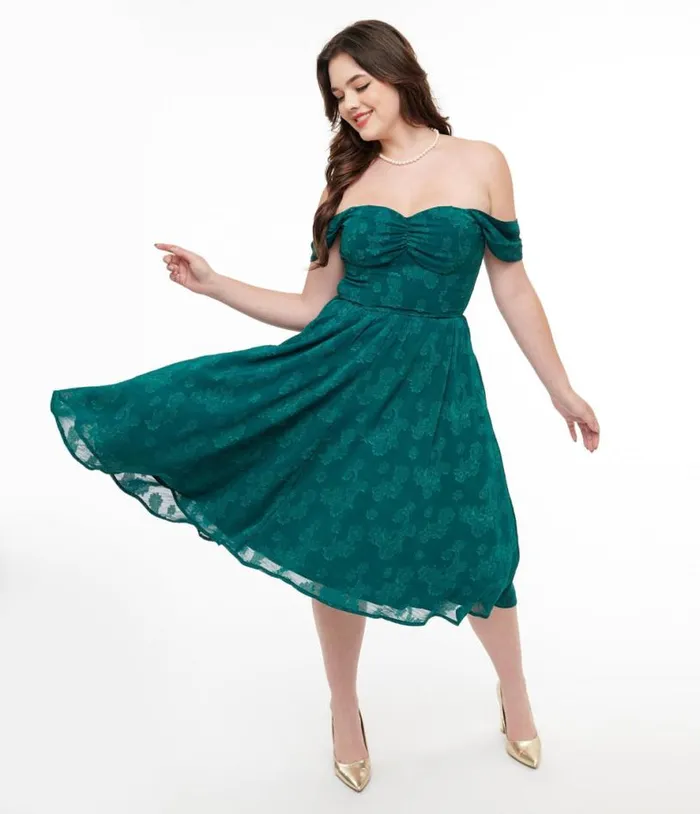 1950s Teal Jacquard Off Shoulder Flare Dress Dresses Unique Vintage Pocket Dresses 1950s Teal Jacquard Off Shoulder Flare Dress Dresses Unique Vintage Pocket Dresses