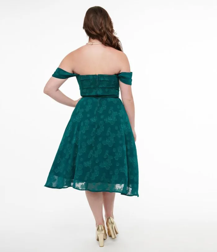 1950s Teal Jacquard Off Shoulder Flare Dress Dresses Unique Vintage Pocket Dresses