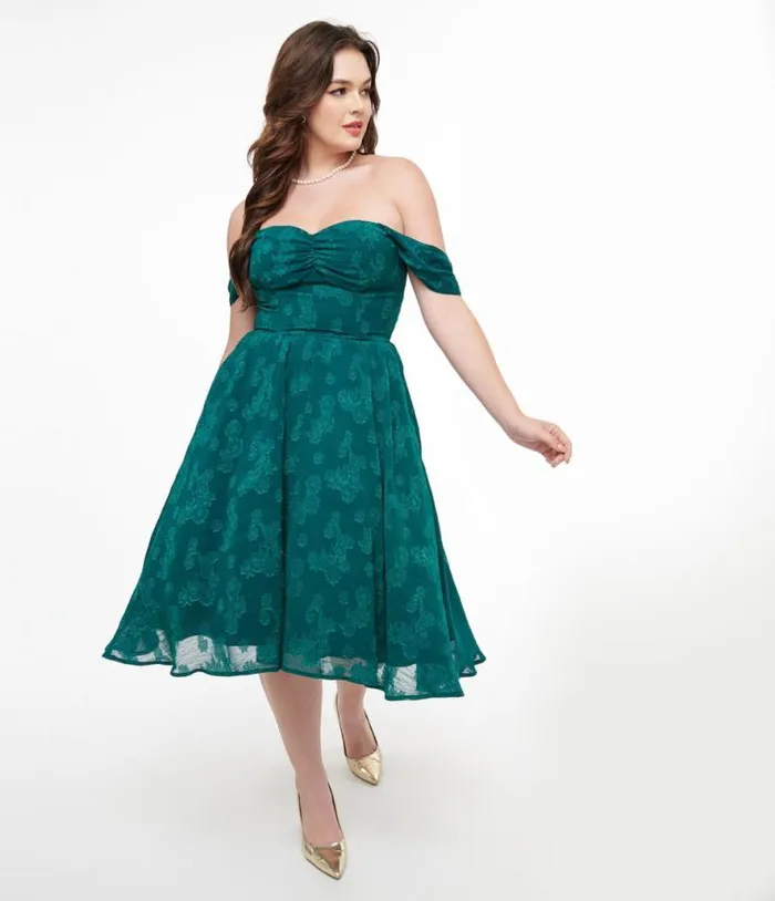 1950s Teal Jacquard Off Shoulder Flare Dress Dresses Unique Vintage Pocket Dresses