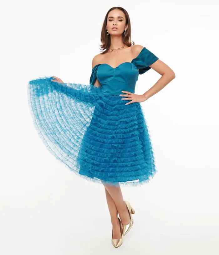 1950s Teal Mesh Tulle Off The Shoulder Swing Dress Dresses Unique Vintage Swing 1950s Teal Mesh Tulle Off The Shoulder Swing Dress Dresses Unique Vintage Swing