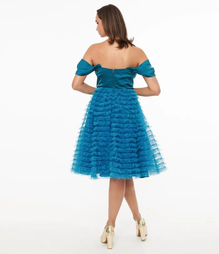 1950s Teal Mesh Tulle Off The Shoulder Swing Dress Dresses Unique Vintage Swing
