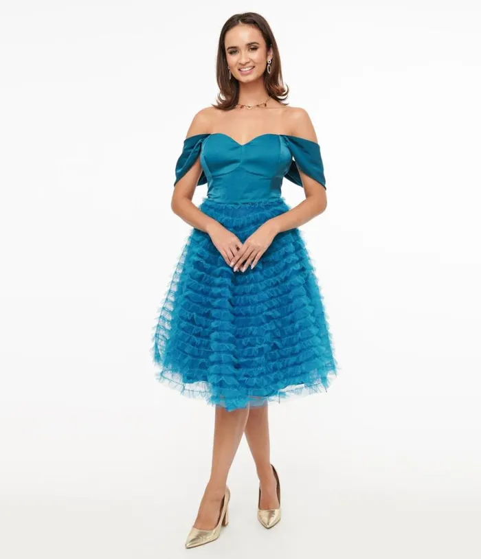 1950s Teal Mesh Tulle Off The Shoulder Swing Dress Dresses Unique Vintage Swing