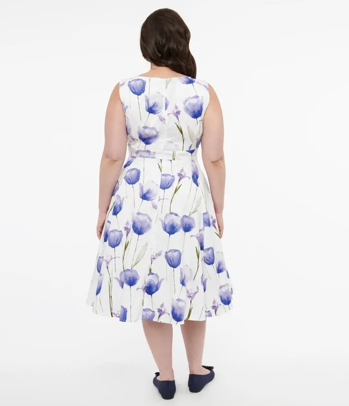 1950s White and Purple Tulip Cotton Swing Dress Dresses Unique Vintage Pocket Dresses