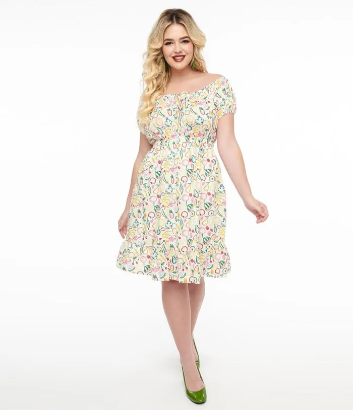 1950s White and Rainbow Fruit Print Fit and Flare Dress Dresses Unique Vintage Pocket Dresses 1950s White and Rainbow Fruit Print Fit and Flare Dress Dresses Unique Vintage Pocket Dresses