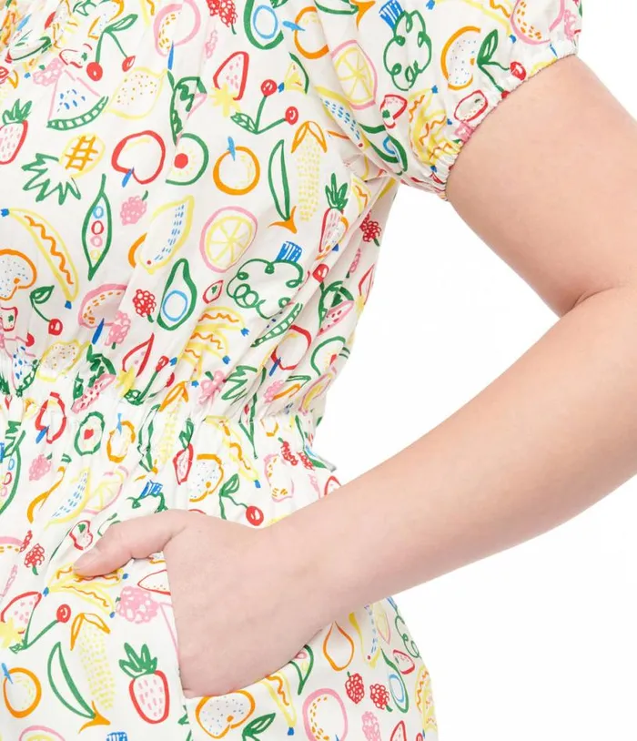 1950s White and Rainbow Fruit Print Fit and Flare Dress Dresses Unique Vintage Pocket Dresses
