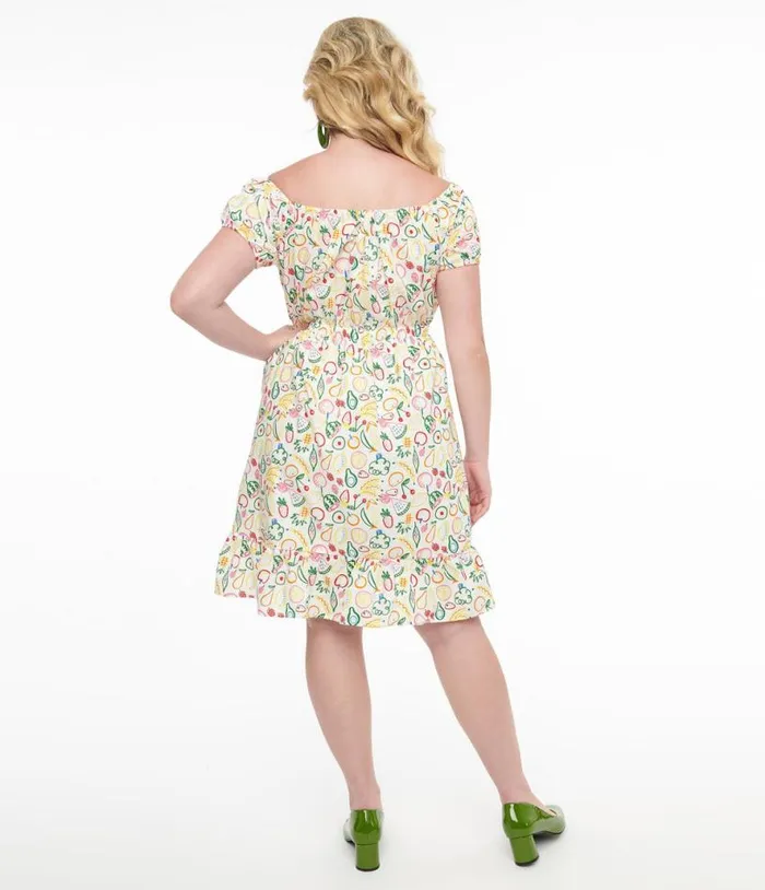 1950s White and Rainbow Fruit Print Fit and Flare Dress Dresses Unique Vintage Pocket Dresses