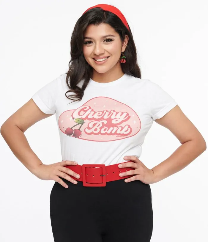 1950s White and Red Cherry Bomb Fitted Graphic Tee ClothingPlus Unique Vintage Graphic Tees 1950s White and Red Cherry Bomb Fitted Graphic Tee ClothingPlus Unique Vintage Graphic Tees