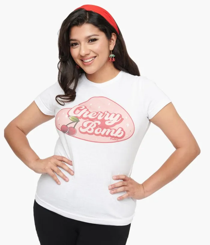 1950s White and Red Cherry Bomb Fitted Graphic Tee ClothingPlus Unique Vintage Graphic Tees