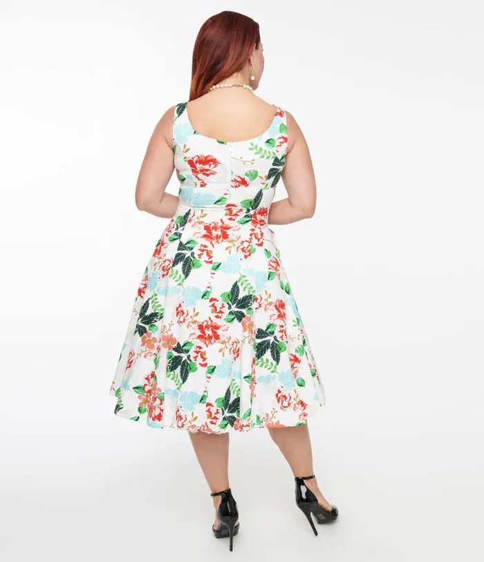 1950s White and Red Floral Lyla Swing Dress Dresses Unique Vintage Pocket Dresses