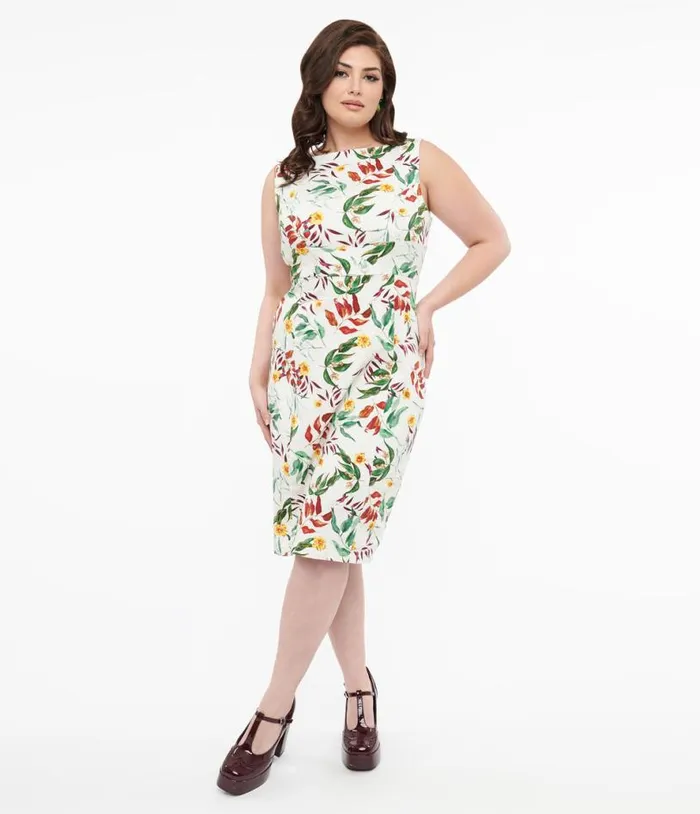 1950s White and Tropical Floral Cotton Jewel Wiggle Dress DressesPlus Unique Vintage Pencil