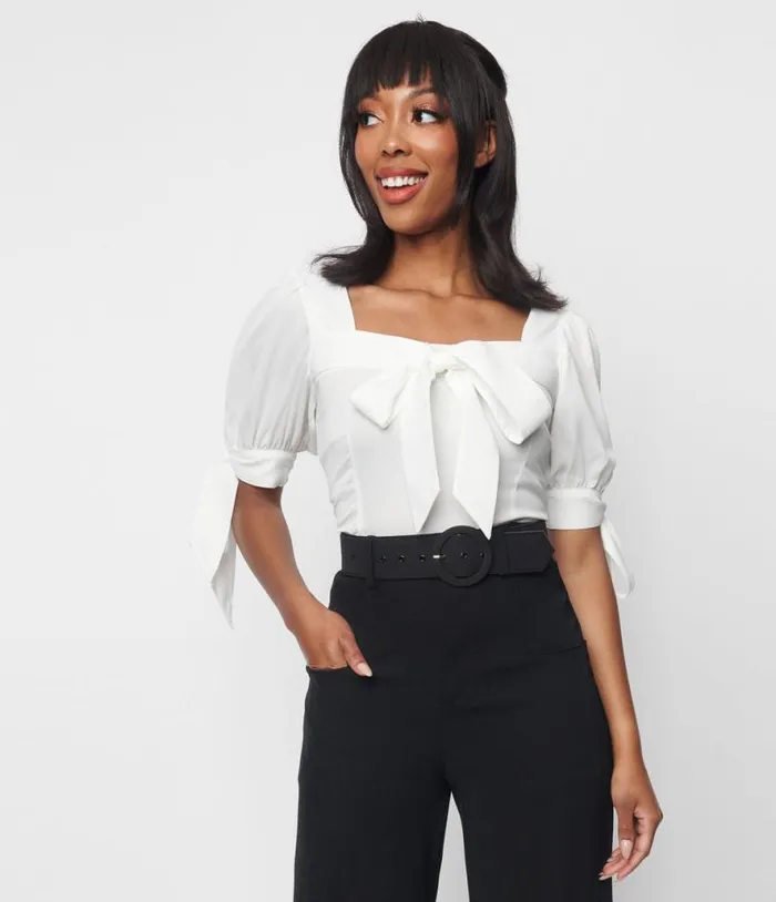 1950s White Bow Fitted Top Clothing Unique Vintage Blouses