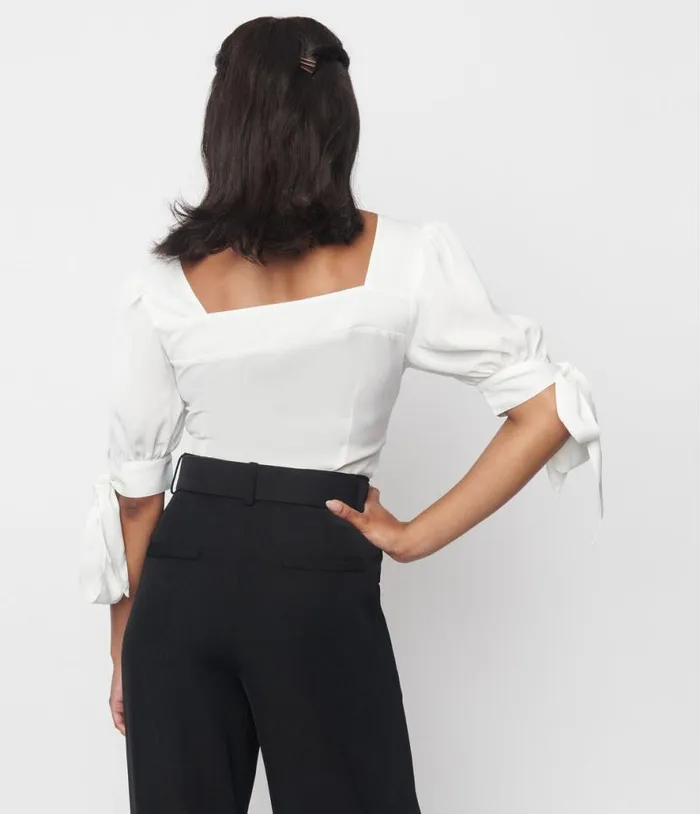 1950s White Bow Fitted Top Clothing Unique Vintage Blouses