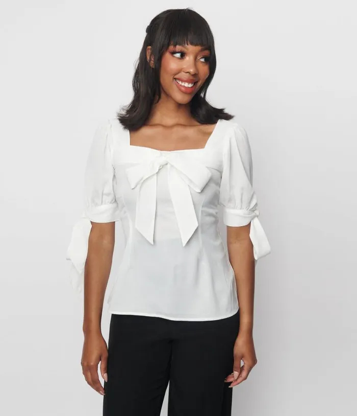 1950s White Bow Fitted Top Clothing Unique Vintage Blouses