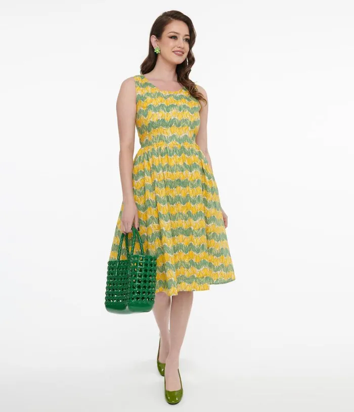 1950s Yellow Tulip Fit and Flare Dress Dresses Unique Vintage Pocket Dresses