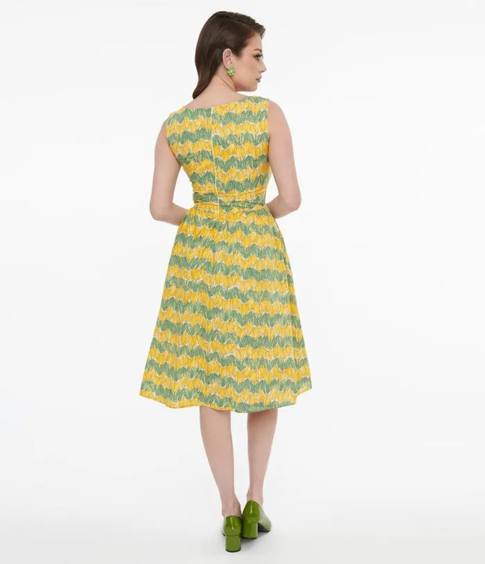 1950s Yellow Tulip Fit and Flare Dress Dresses Unique Vintage Pocket Dresses