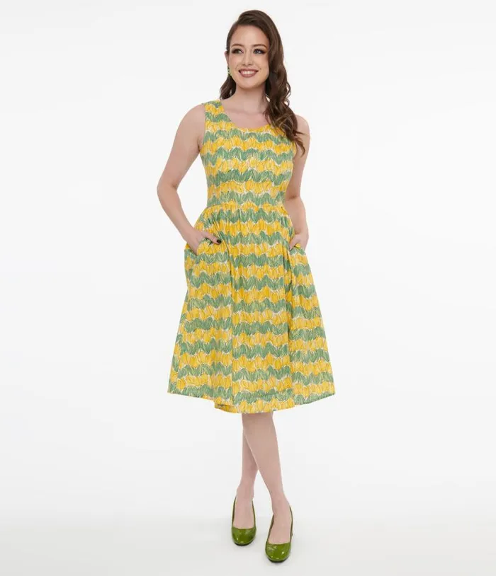 1950s Yellow Tulip Fit and Flare Dress Dresses Unique Vintage Pocket Dresses
