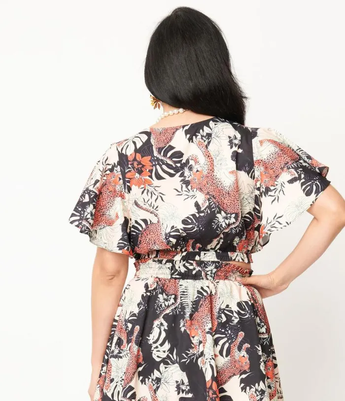 1960s Black Jungle Cat Print Dottie Crop Top Clothing Unique Vintage Blouses