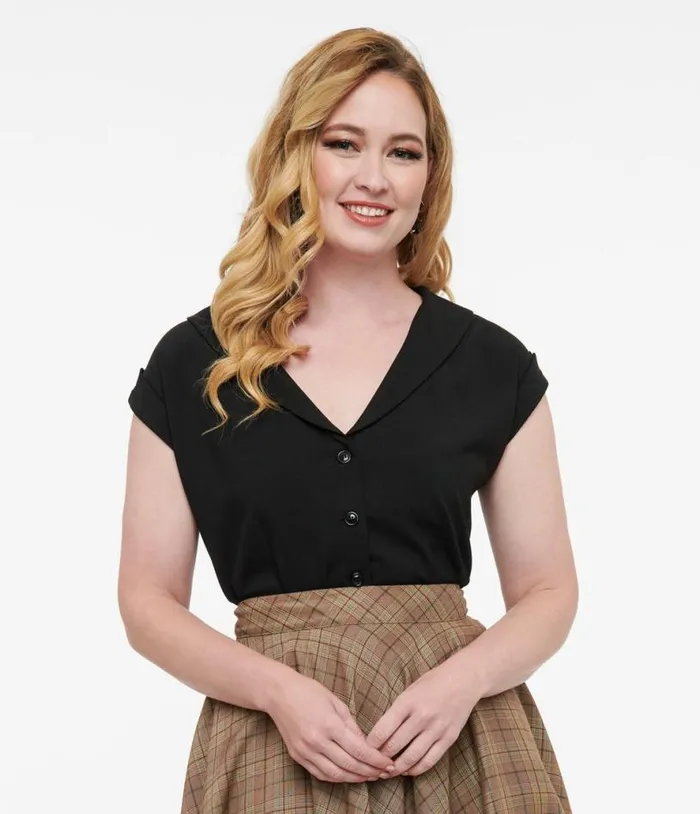 1960s Black Twill Sleeveless Blouse Clothing Unique Vintage Blouses