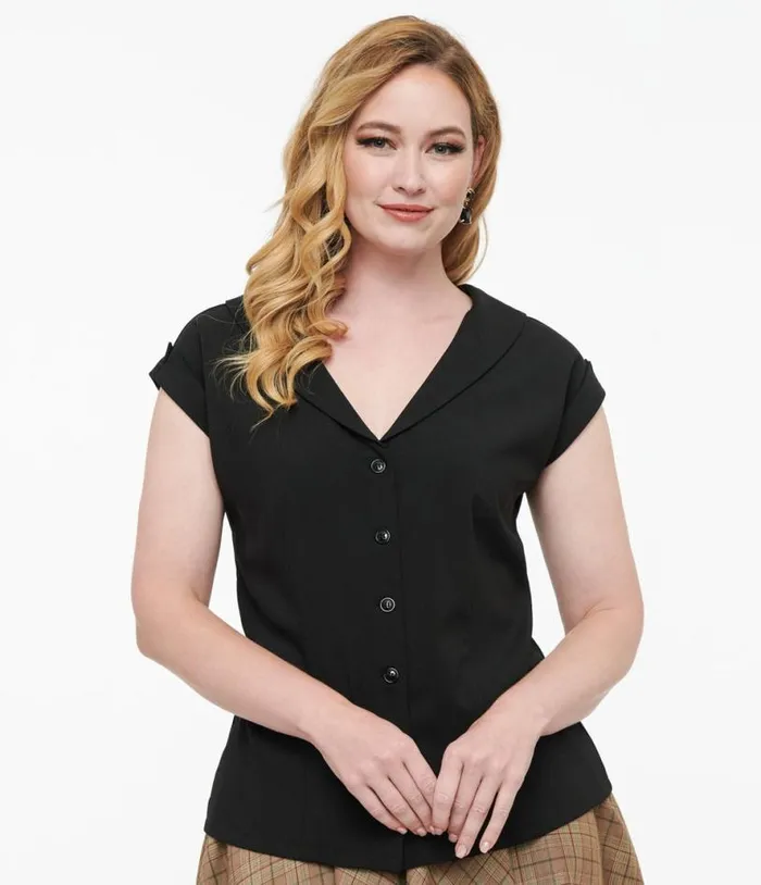 1960s Black Twill Sleeveless Blouse Clothing Unique Vintage Blouses