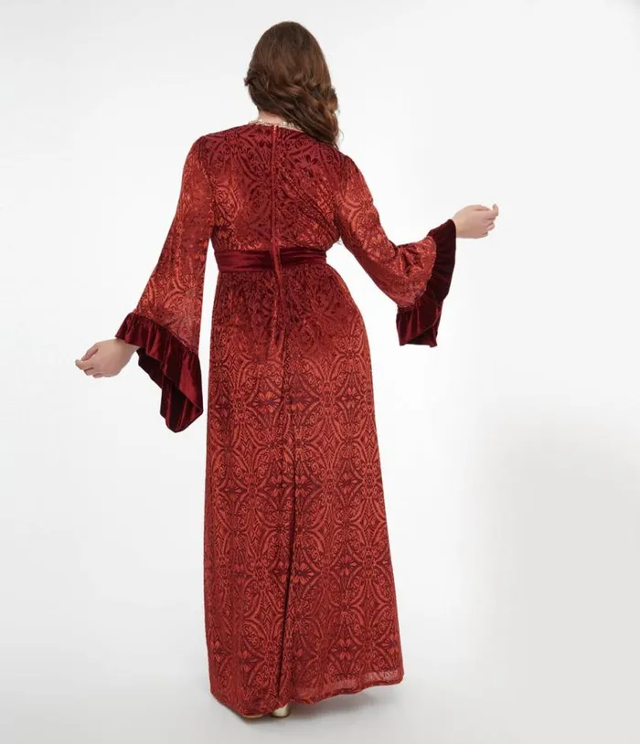 1960s Burgundy Velvet Burnout Maxi Dress Dresses Unique Vintage Maxi