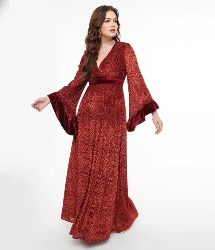 1960s Burgundy Velvet Burnout Maxi Dress Dresses Unique Vintage Maxi