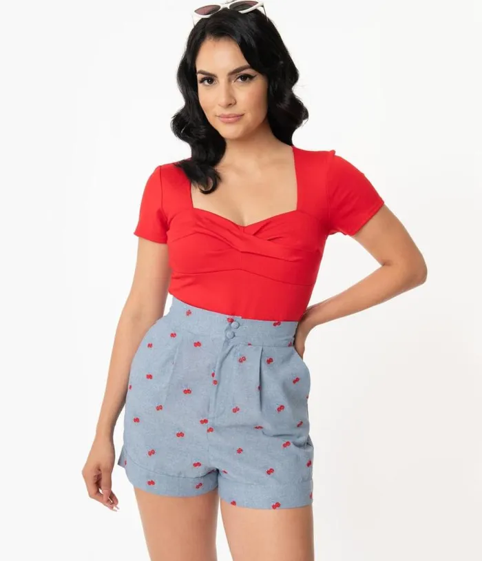 1960s Chambray and Cherry Cotton High Waist Stella Shorts Clothing Unique Vintage Shorts 1960s Chambray and Cherry Cotton High Waist Stella Shorts Clothing Unique Vintage Shorts
