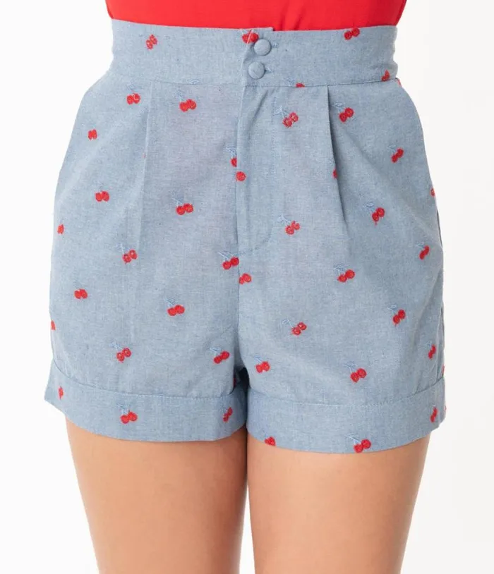 1960s Chambray and Cherry Cotton High Waist Stella Shorts Clothing Unique Vintage Shorts