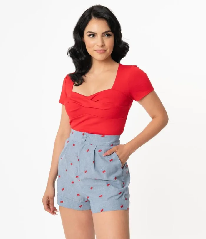 1960s Chambray and Cherry Cotton High Waist Stella Shorts Clothing Unique Vintage Shorts
