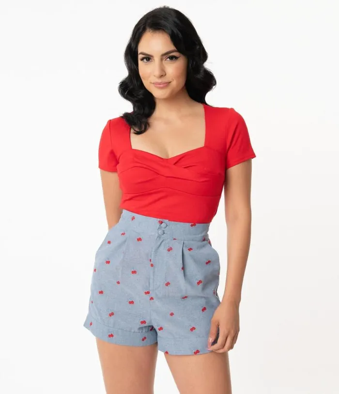1960s Chambray and Cherry Cotton High Waist Stella Shorts Clothing Unique Vintage Shorts