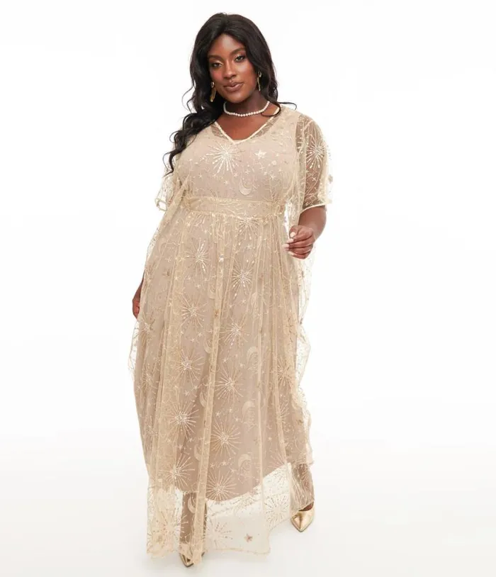 1960s Champagne Celestial Sequin Caftan DressesPlus Unique Vintage Midi and Maxi 1960s Champagne Celestial Sequin Caftan DressesPlus Unique Vintage Midi and Maxi