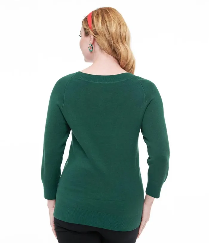 1960s Forest Green and Cream Cat Lorelai Sweater Clothing Unique Vintage Sweaters and Cardigans