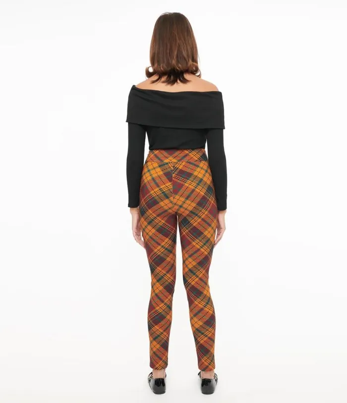 1960s Mustard and Burgundy Plaid High Waist Cigarette Pants Clothing Unique Vintage Pants