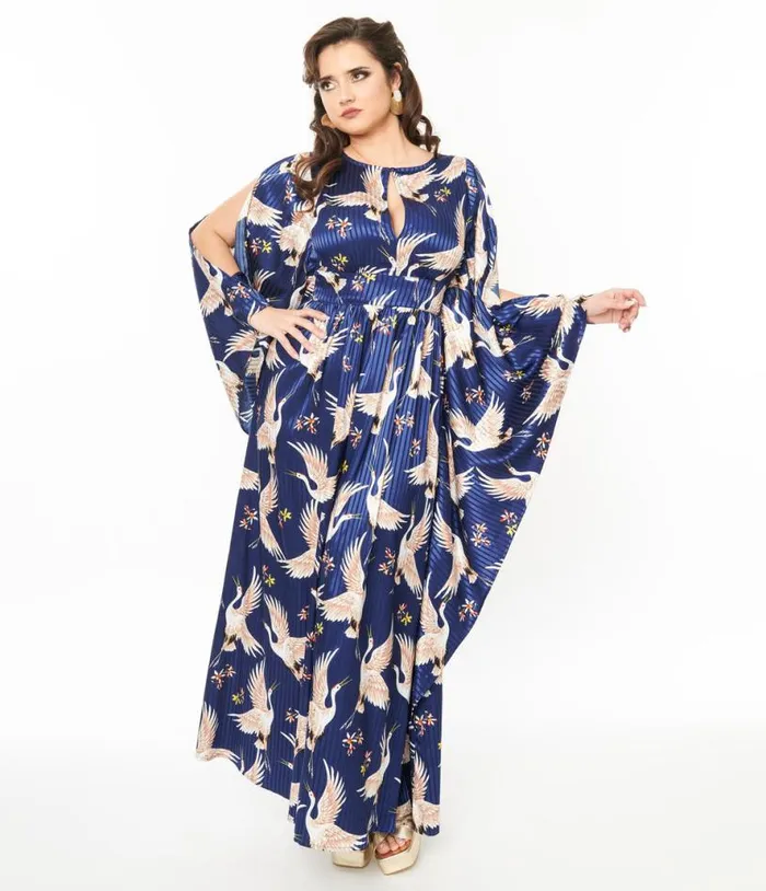 1960s Navy Crane Flutter Sleeve Caftan DressesPlus Unique Vintage Maxi