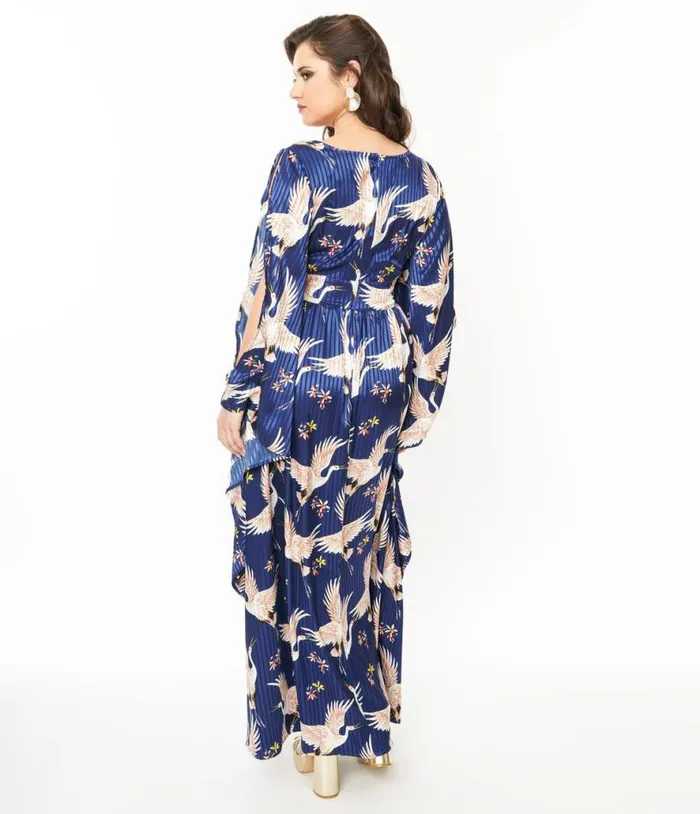 1960s Navy Crane Flutter Sleeve Caftan DressesPlus Unique Vintage Maxi