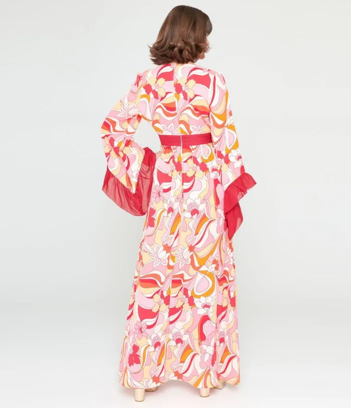 1960s Pink and Red Psychedelic Floral Maxi Dress Dresses Unique Vintage Maxi
