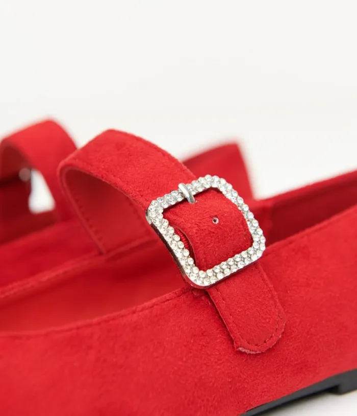 1960s Red Suede Rhinestone Buckle Mary Jane Flats Shoes Unique Vintage Flats