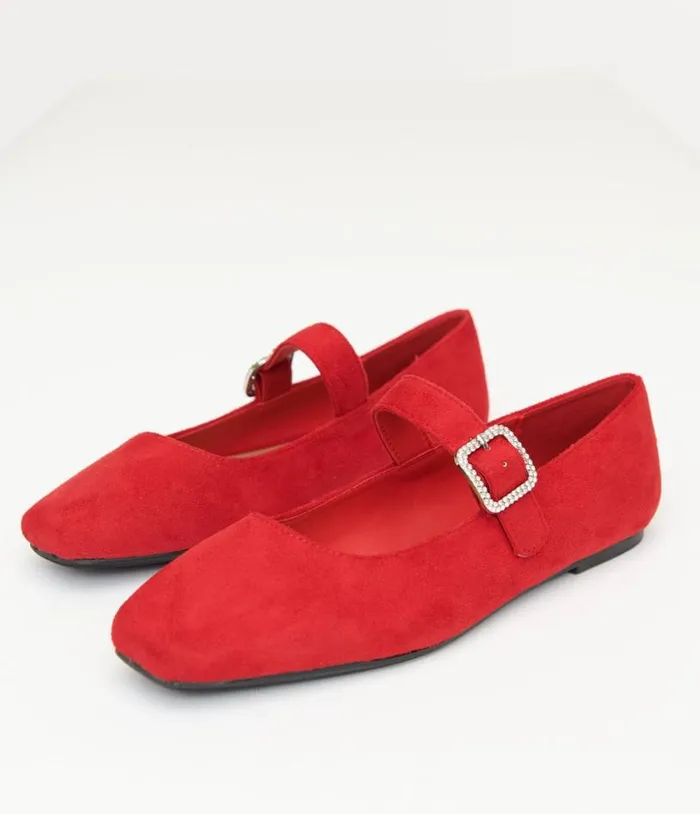1960s Red Suede Rhinestone Buckle Mary Jane Flats Shoes Unique Vintage Flats