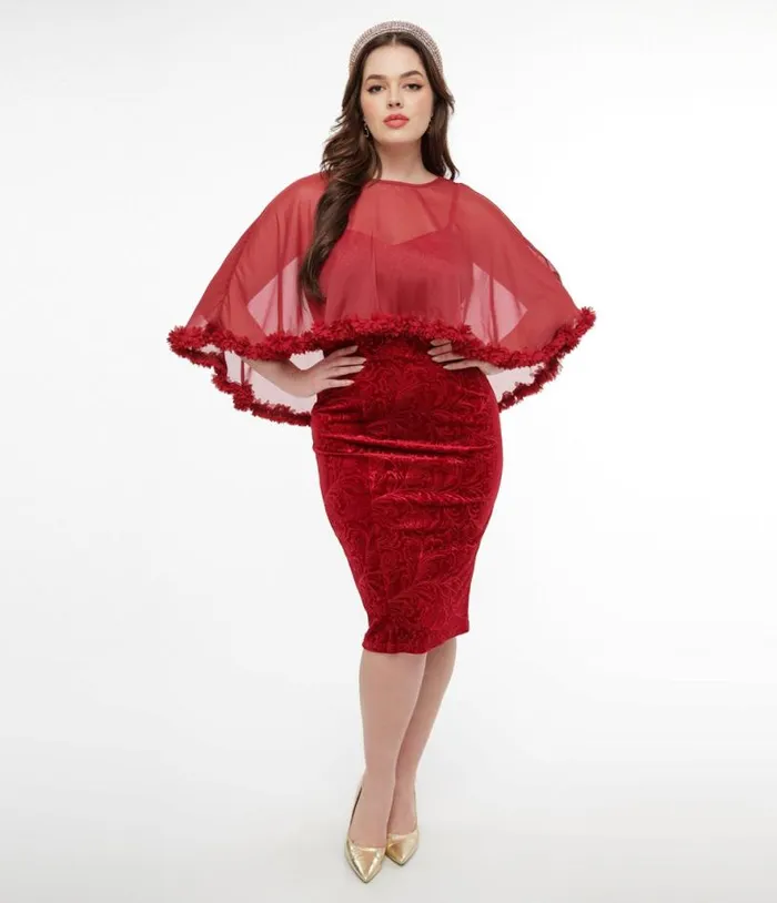 1960s Red Velvet Ruffle Capelet Wiggle Dress Dresses Unique Vintage Pencil