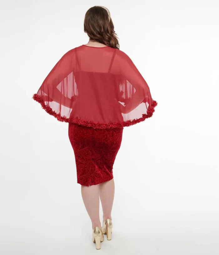 1960s Red Velvet Ruffle Capelet Wiggle Dress Dresses Unique Vintage Pencil
