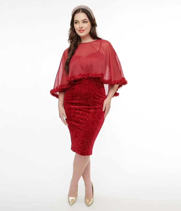 1960s Red Velvet Ruffle Capelet Wiggle Dress Dresses Unique Vintage Pencil