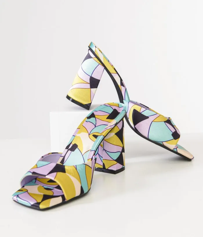 1960s Stained Glass Square Toe Mule Heels Shoes Unique Vintage Heels
