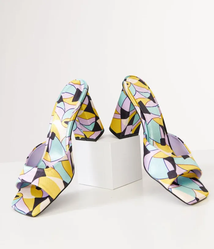 1960s Stained Glass Square Toe Mule Heels Shoes Unique Vintage Heels