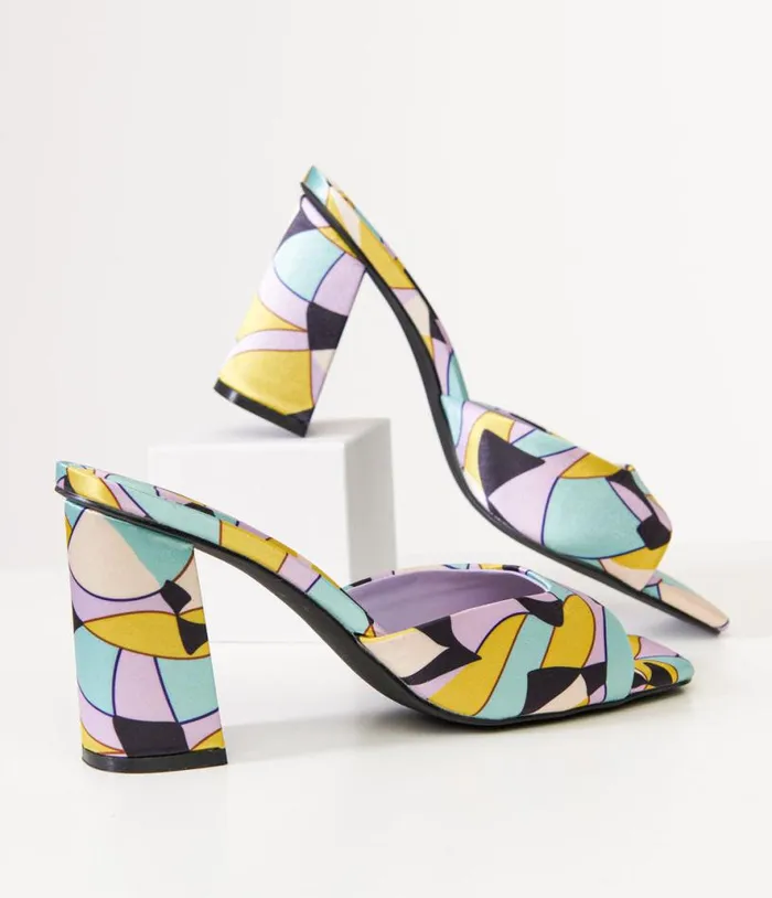 1960s Stained Glass Square Toe Mule Heels Shoes Unique Vintage Heels