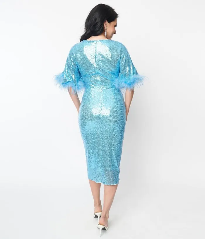 1970s Baby Blue Sequin Million Dollar Baby Wiggle Dress DressesPlus Unique Vintage Pencil