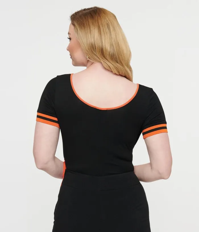 1970s Black and Orange Pumpkin Surplice Bodysuit Halloween Unique Vintage Tops
