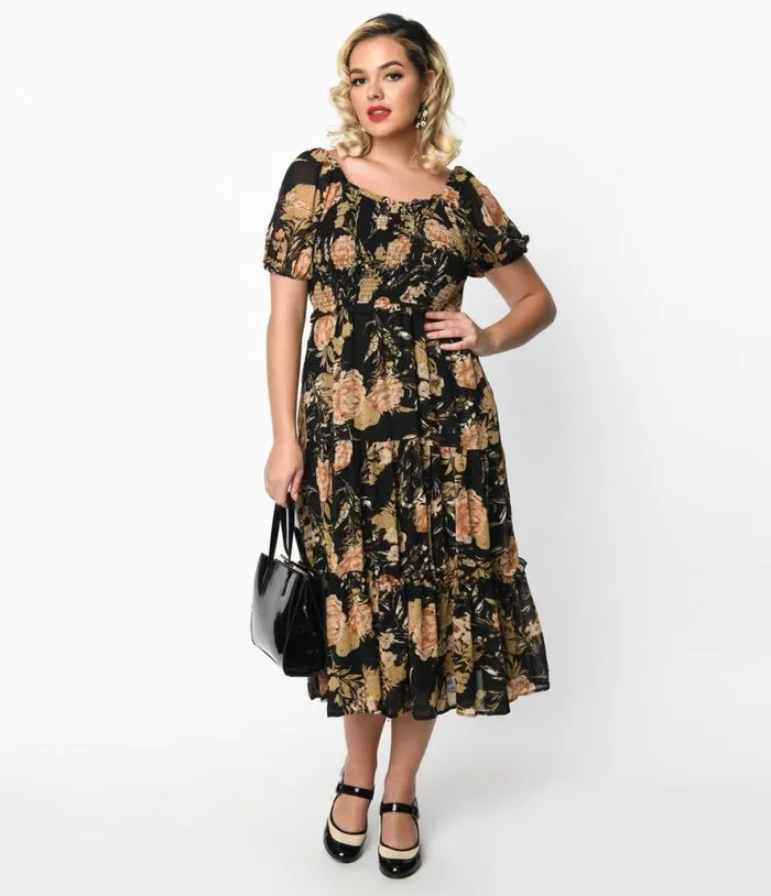 1970s Black and Pink Antique Floral Smocked Puff Sleeve Midi Dress Dresses Unique Vintage Pocket Dresses 1970s Black and Pink Antique Floral Smocked Puff Sleeve Midi Dress Dresses Unique Vintage Pocket Dresses