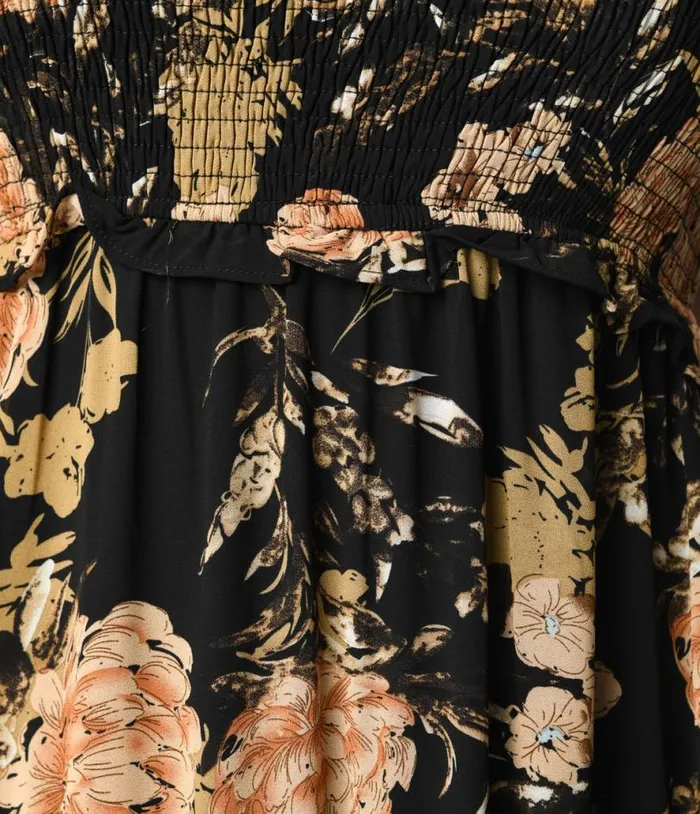 1970s Black and Pink Antique Floral Smocked Puff Sleeve Midi Dress Dresses Unique Vintage Pocket Dresses