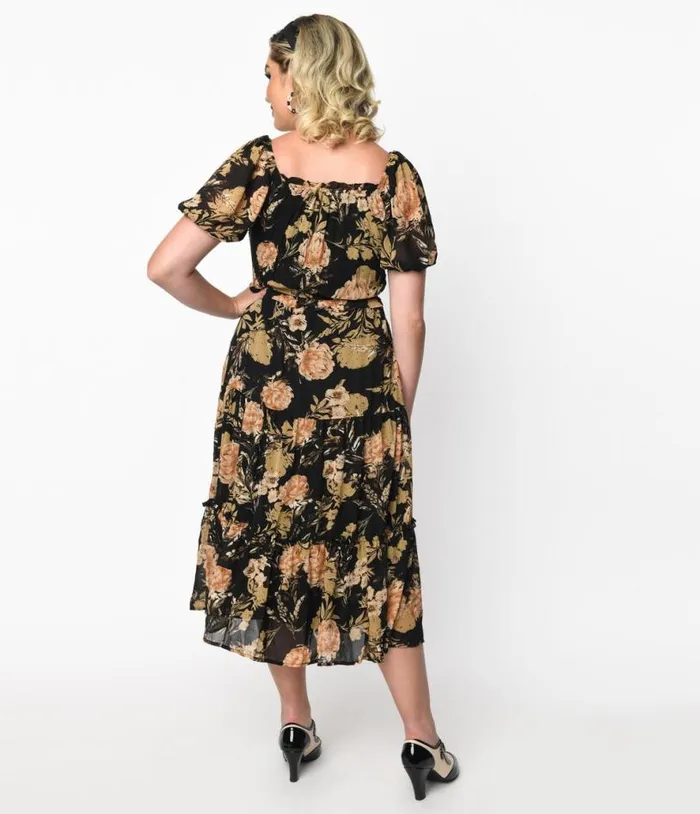 1970s Black and Pink Antique Floral Smocked Puff Sleeve Midi Dress Dresses Unique Vintage Pocket Dresses