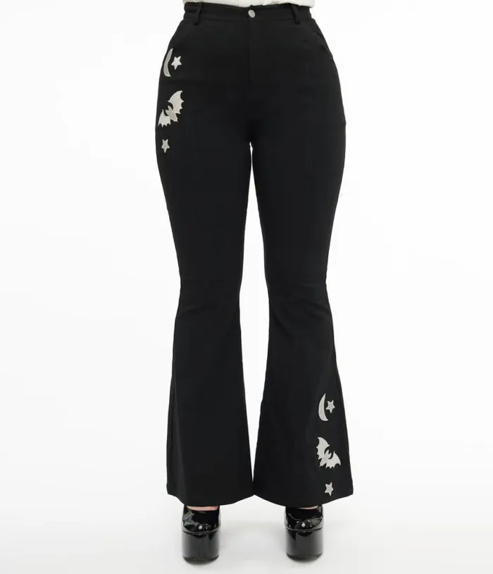 1970s Black and Silver Bats Flare Pants ClothingHalloween Unique Vintage Bottoms