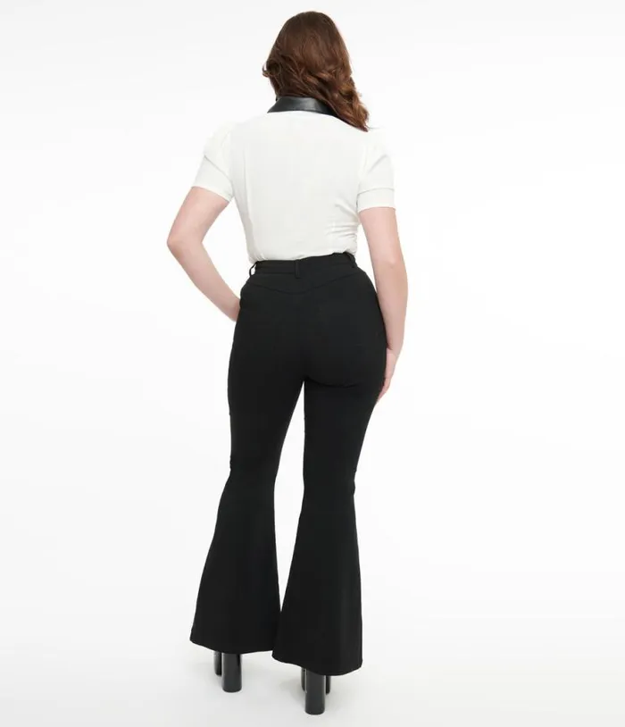 1970s Black and Silver Bats Flare Pants ClothingHalloween Unique Vintage Bottoms